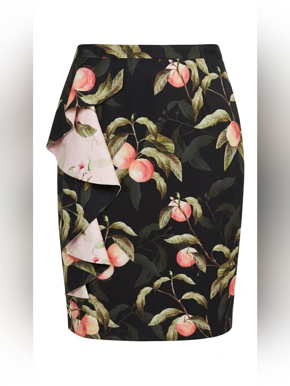 Ted Baker Floral Peach Print Ruffle Pencil Skirt - Black/Pink